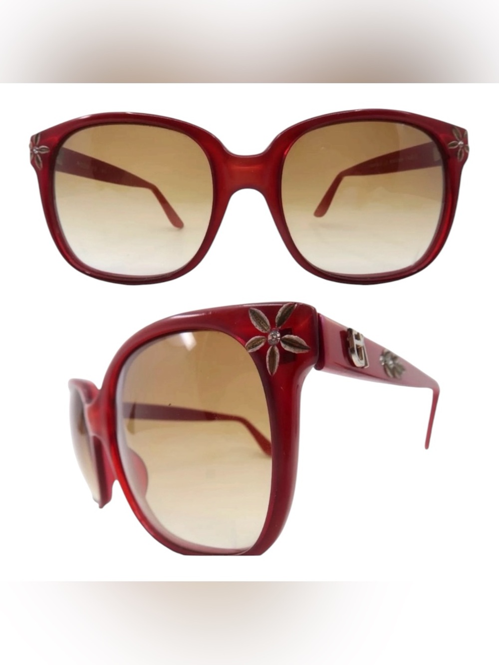 Vintage Emmanuelle Khanh Paris Sunglasses Burgundy w/Hand Carved Flowers, France